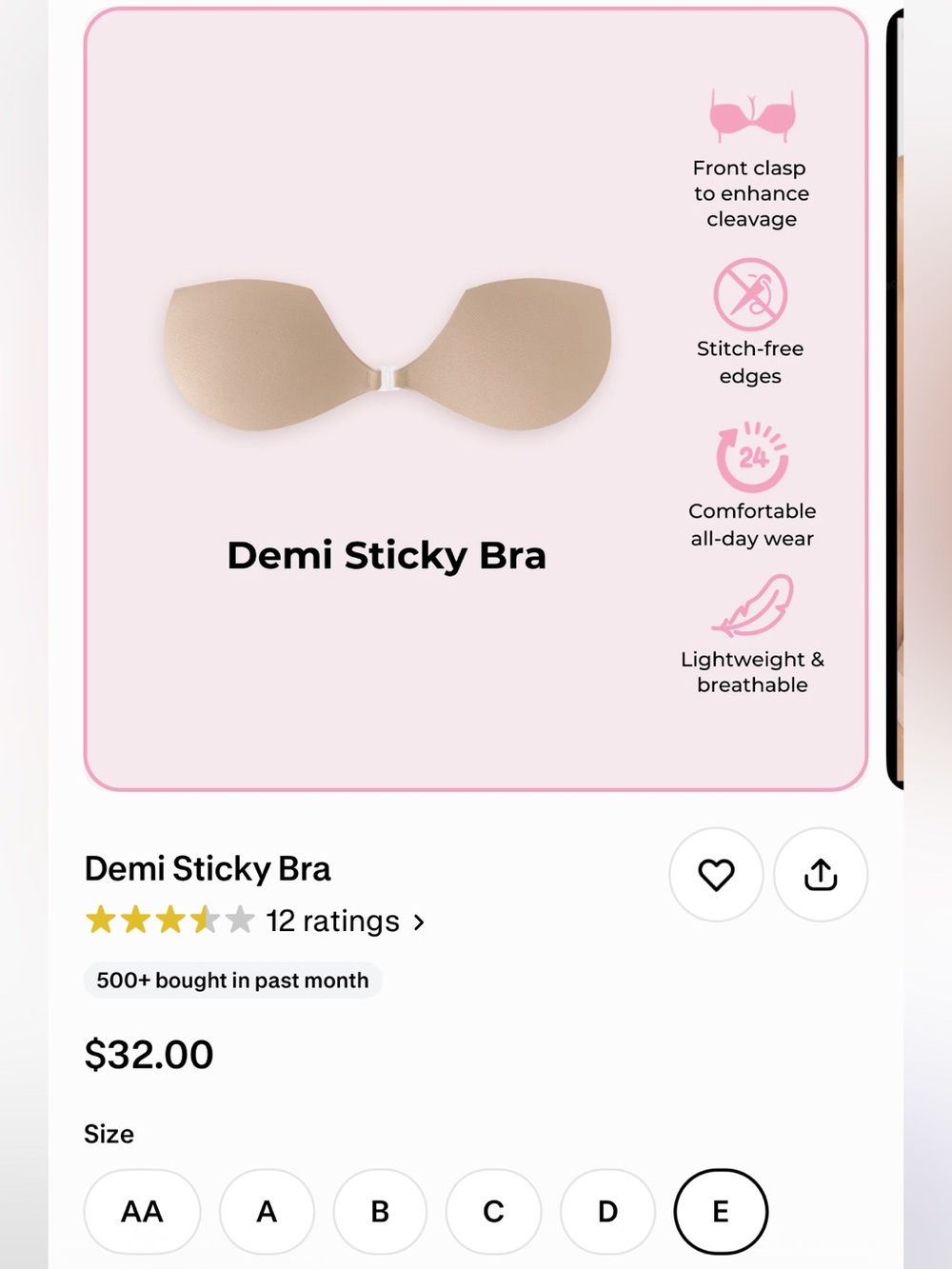 Boomba Nude Demi Adhesive Sticky Bra with Front Clasp